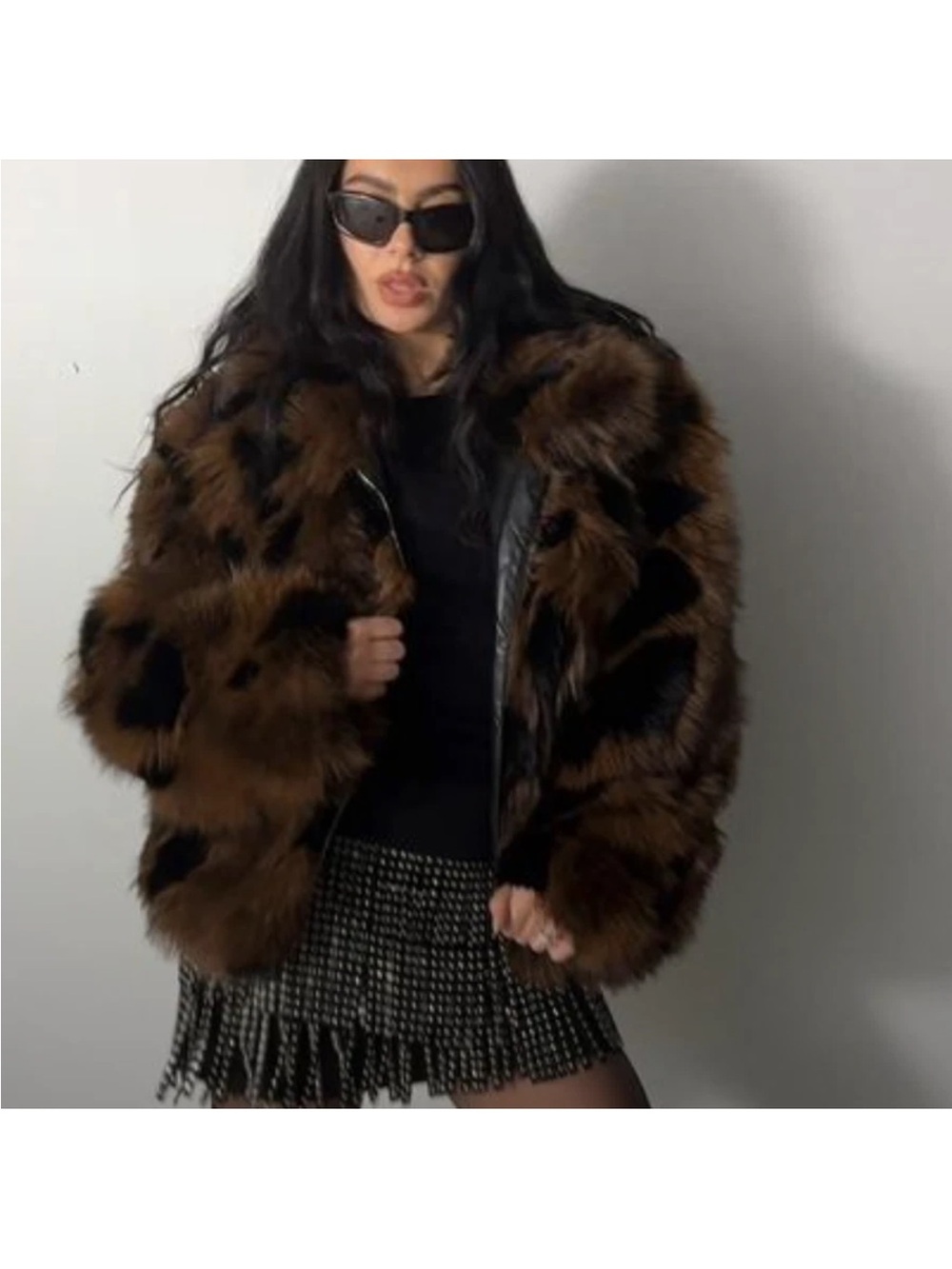 H&M holiday edition. Brown and Black Faux Fur Jacket - Women's Plush Coat